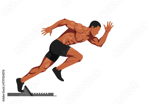 Muscular athlete in a starting position for a sprint race.