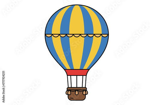 Colorful blue and yellow striped hot air balloon cartoon illustration.