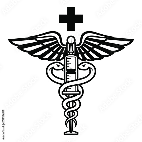 Medical caduceus symbol with syringe and cross for healthcare and medicine silhouette