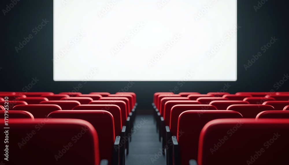 Fototapeta premium Red Cinema Or Theater Seats Arranged In Rows In Front Of A Blank White Screen With Space For Customization Or Information.