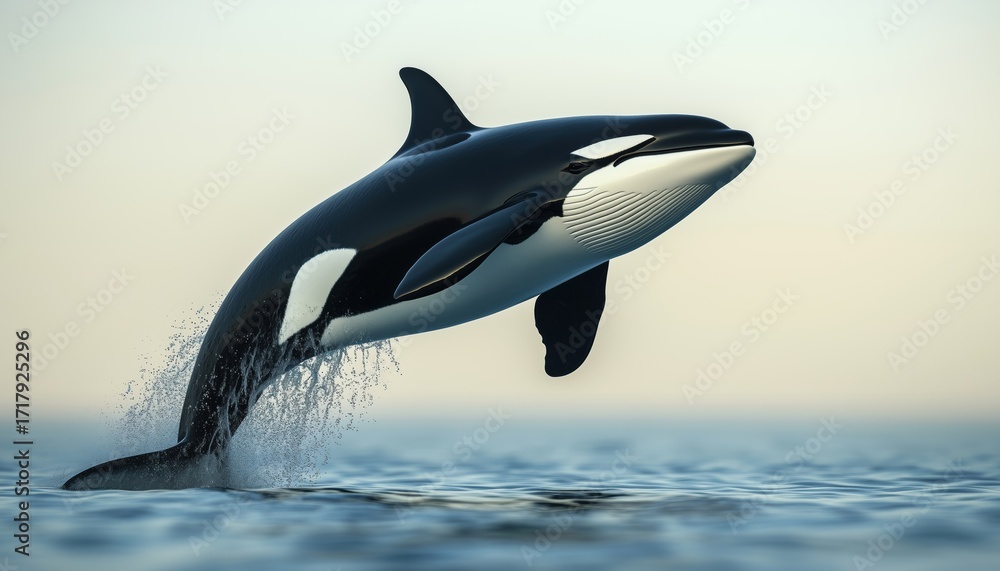 Obraz premium Orca Leaping From The Ocean Surface In A Stunning Display Of Power And Agility. Majestic Killer Whale Jumps Out Of Water.