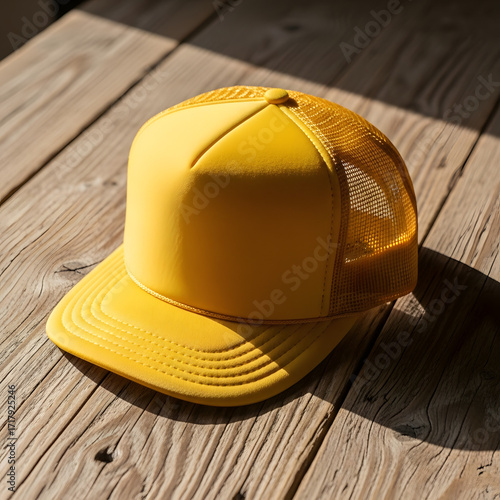 Yellow Trucker Hat Mockup on Wooden Table