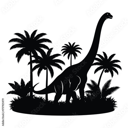 Silhouette brontosaurus dinosaur among palm trees prehistoric jungle scene art silhouette