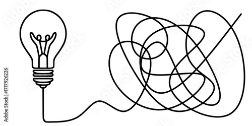 Path to Insight: From Chaos to Illumination in Line Art, a symbolic line drawing that begins with a tangled path and transforms into a glowing light bulb