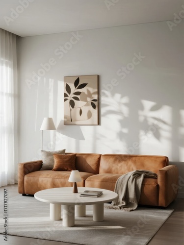 Minimalist living room with tan leather sofa, round coffee table, and abstract wall art