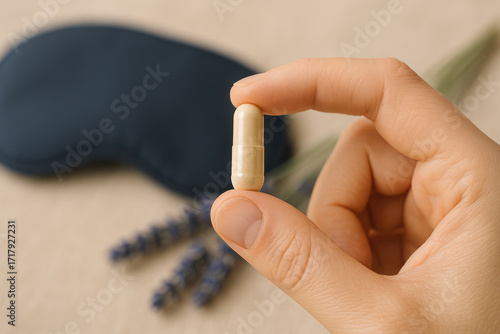 Hand holding magnesium supplement capsule near sleep mask and lavender for natural sleep improvement calm nightly routine