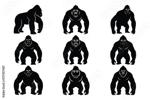 Black Gorilla Silhouettes Set Bundle Collection With Different Poses