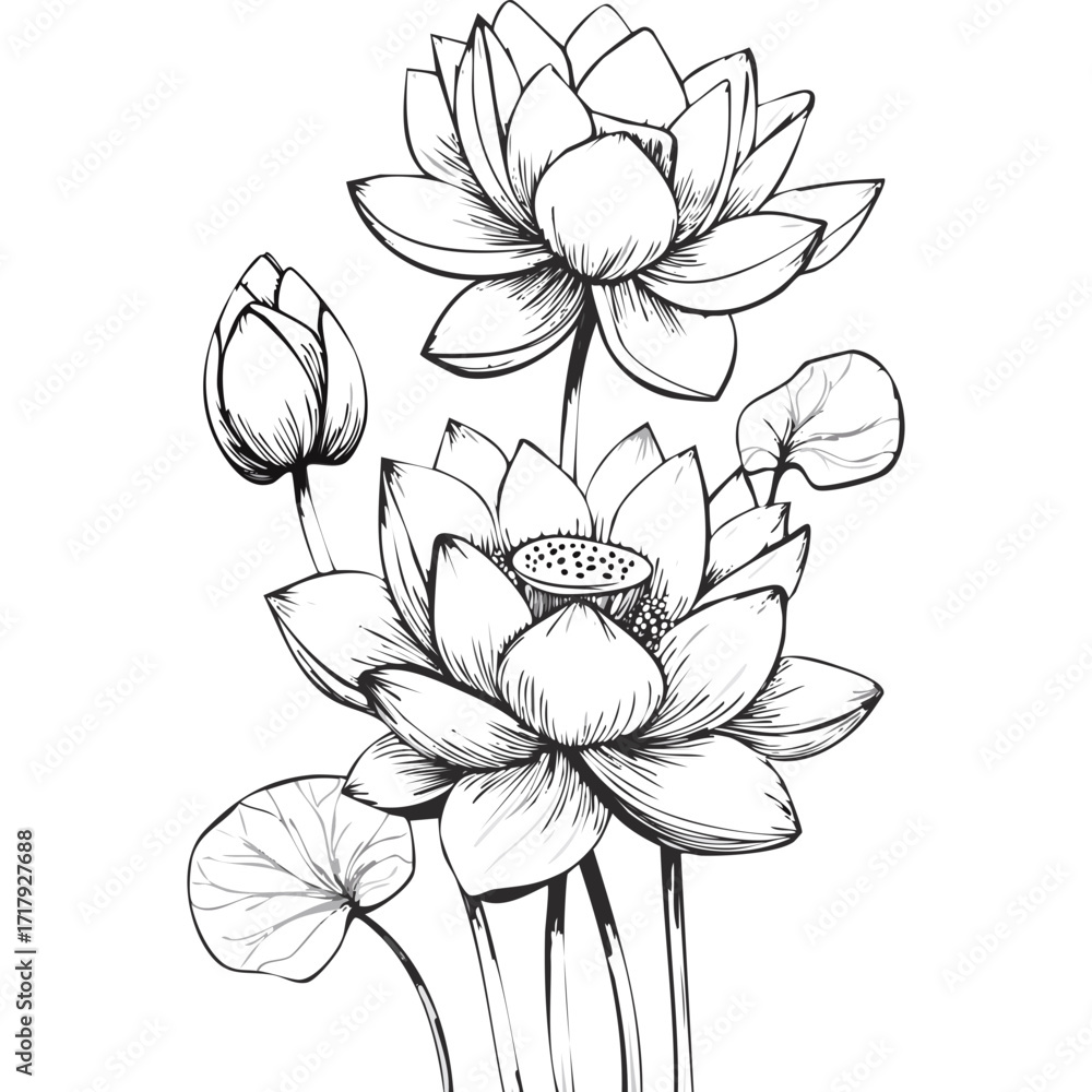 Obraz premium Lotus Flower Sketch Outline Illustration in Black and White – Hand Drawn Botanical Vector