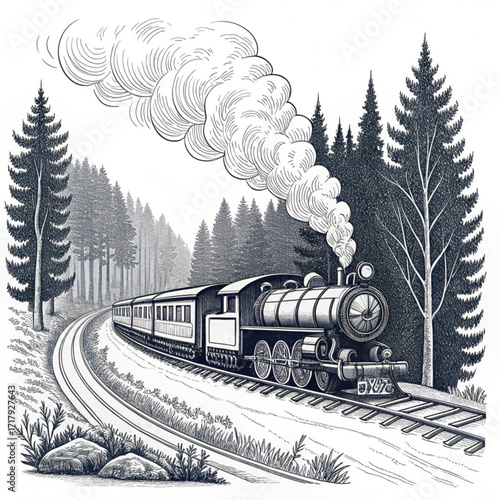 Minimilist illustration of a vintage steam train traveling through a forest with billowing smoke and tall trees vector