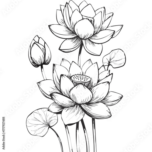 Lotus Flower Sketch Outline Illustration in Black and White – Hand Drawn Botanical Vector