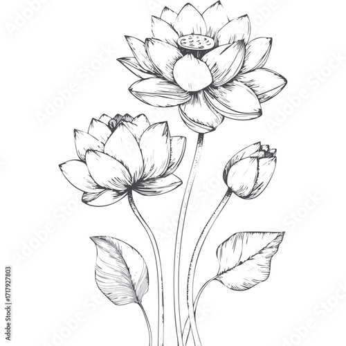 Lotus Flower Sketch Outline Illustration in Black and White – Hand Drawn Botanical Vector