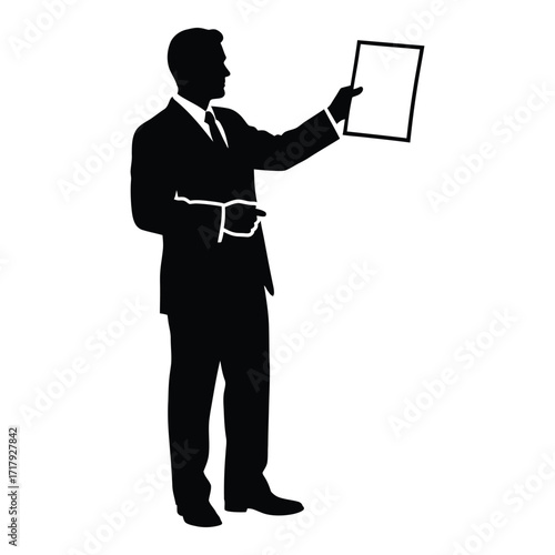 Businessman silhouette holding up a blank document for presentation or display silhouette