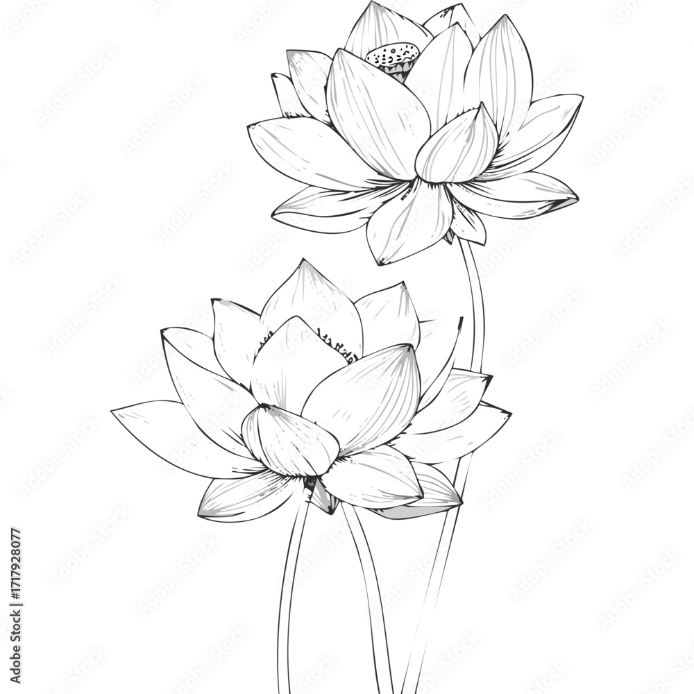 Fototapeta premium Lotus Flower Sketch Outline Illustration in Black and White – Hand Drawn Botanical Vector