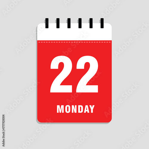 Monday, the 22nd. Abstract calendar date page highlighting the day of the week and number of the day, marked for event schedules, meetings, and agenda planning. Vector illustration.