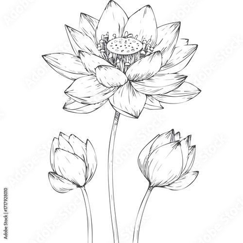 Lotus Flower Sketch Outline Illustration in Black and White – Hand Drawn Botanical Vector