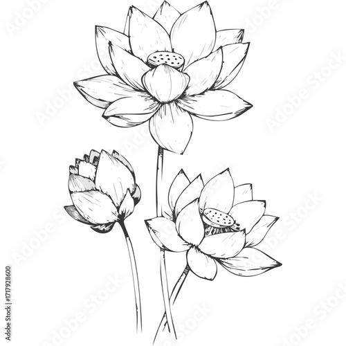 Lotus Flower Sketch Outline Illustration in Black and White – Hand Drawn Botanical Vector