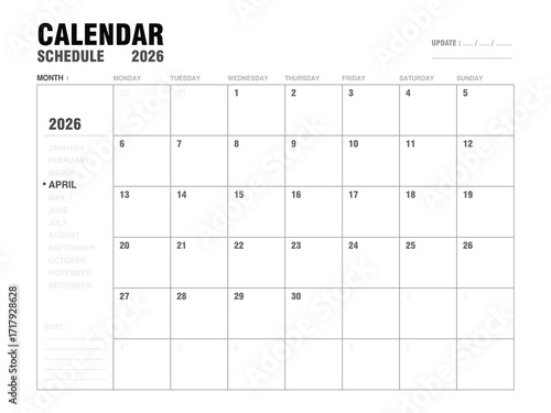 Wallpaper Mural April 2026 calendar planner template with monthly layout, clear day and date for event schedules, meeting planning, and agenda organization. Minimalist design and easy to use. Vector illustration. Torontodigital.ca