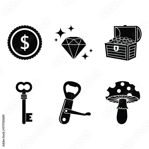 Collection of vintage icons treasure chest coin key diamond bottle opener mushroom silhouette