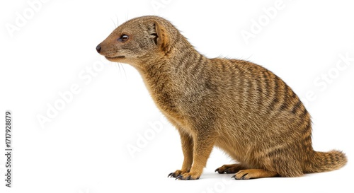 Alert banded mongoose on white background looking to the left side
