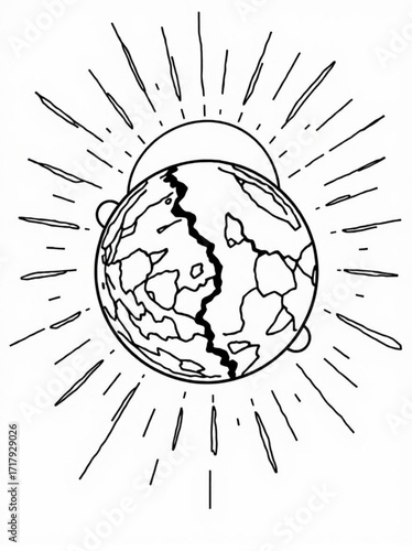 Minimilist stylized drawing of a cracked planet with sun rays emanating from behind and a partial eclipse visible vector