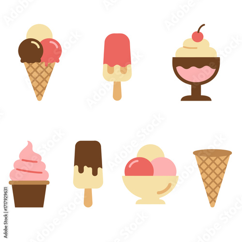 vector set of ice cream icons, such as parfait, frozen yogurt, ice cream sundae, vanilla, chocolate