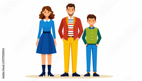 A happy family of three, a man, a woman, and a boy, dressed in casual attire, posing together for a portrait