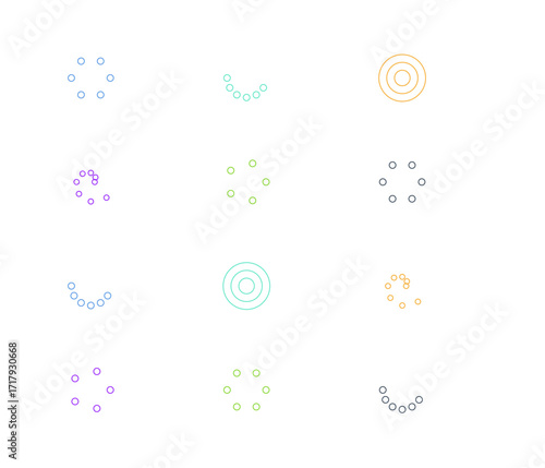 Circular business timeline multipack illustration set with 12 modern flat vector styles including radial timelines, spiral flows, concentric rings, pie-segment milestones, and infographic cycles