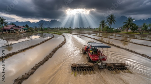 Agricultural activity rice field aerial view dramatic clouds farming landscape vietnam