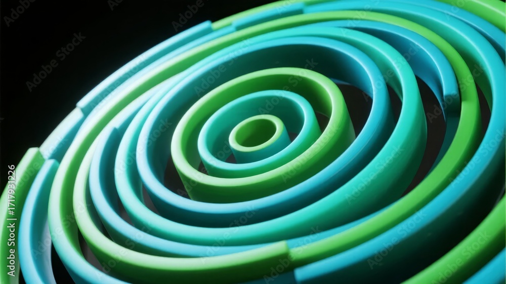 Obraz premium Concentric spiral rings in green and blue hues forming a hypnotic pattern against a dark background