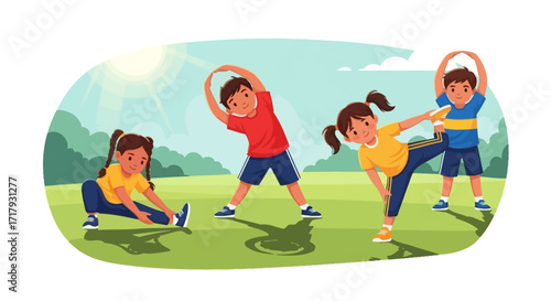 Four children are exercising outdoors on a grassy area, stretching and bending in various yoga-like poses under a bright sun.