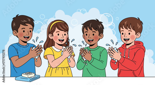 A diverse group of four happy children standing together and washing their hands with soap, creating bubbles and promoting good hygiene.