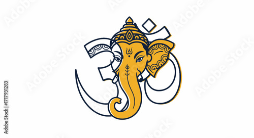 Ornate Golden Ganesha Head Hindu Deity Decorative Style.