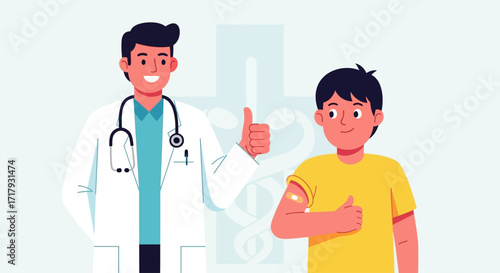 A doctor smiles and gives a thumbs up after vaccinating a young boy, showing a bandage.