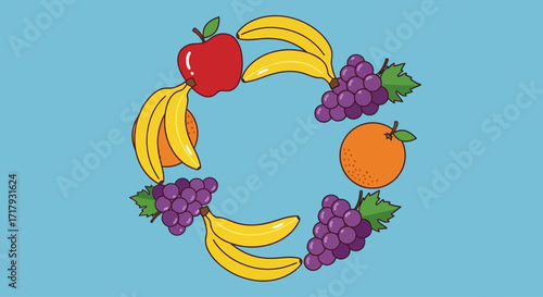 Circular arrangement of various fruits including apples, bananas, grapes, and oranges, on a blue background.