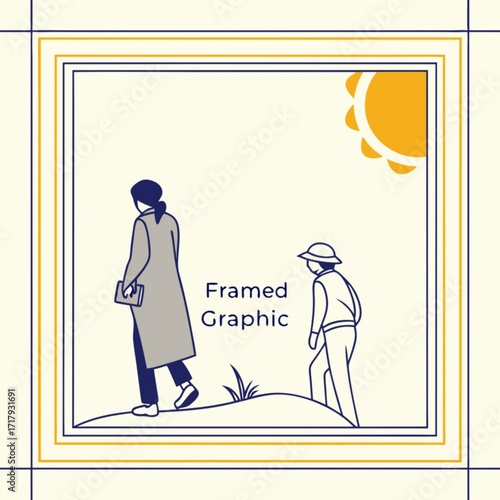 Minimilist illustration of two figures walking on a hill under the sun within a double framed square graphic vector