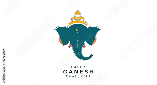 Stylized Teal Elephant Head with Golden Crown and Om Symbol.