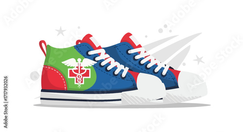 A vibrant pair of high-top sneakers with a medical caduceus symbol, illustrated in a colorful red, blue, and green vector style.