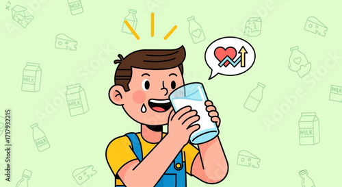 A young boy joyfully drinks a glass of milk, with a thought bubble indicating improved health and vitality.