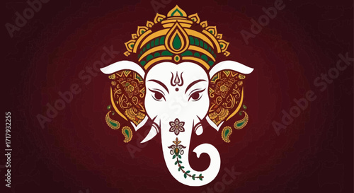 Vibrant Ganesha Head Illustration with Ornate Golden Crown and Detailed Floral Trunk.