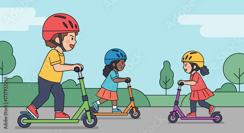 Happy diverse children wearing safety helmets ride colorful kick scooters together in a park.