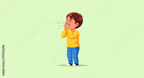 A cartoon illustration of a sick young boy with brown hair sneezing or coughing into his hands, showing symptoms of a cold or flu on a green background.
