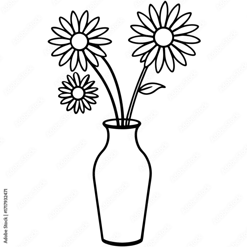 Fototapeta premium Minimilist three daisy flowers in a vase outlined in black and white simple floral arrangement drawing illustration vector