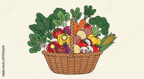 A colorful illustration of a woven wicker basket brimming with a variety of fresh farm vegetables.