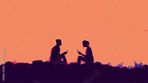 Two friends sitting on rocks using smartphones and ignoring each other at sunset