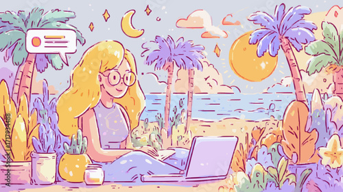 Young woman working remotely on a tropical beach at sunset, enjoying work life balance