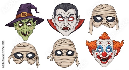 Spooky Season Masks Collection Witch,Vampire,Mummy,Clown Designs.Perfect For Parties And Festive Celebrations.Enjoy The Thrills Of Halloween Night