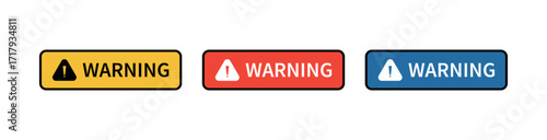 Warning Badge Set. Yellow, Red and Blue Rectangular Caution Labels with Exclamation Triangle, Flat Minimal Hazard Icons for Safety Alerts