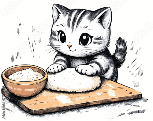 Cute Kitten Kneading Dough Illustration