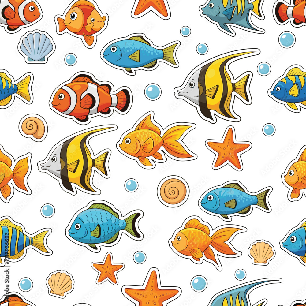 Naklejka premium Seamless Cartoon Fish Sticker Pattern with Ocean Doodles.
