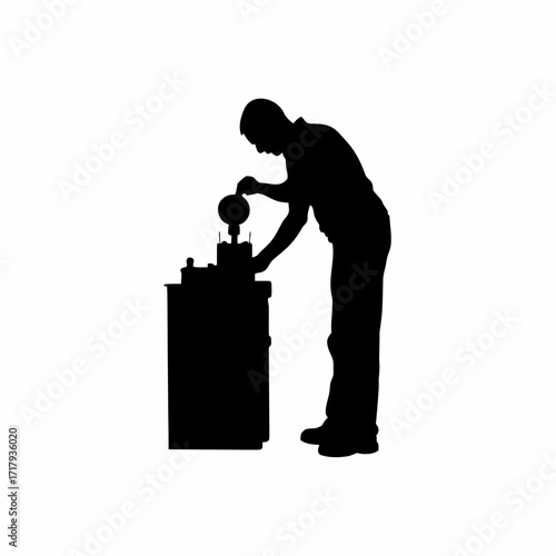 Silhouette of worker inspecting pressure gauge on machine isolated on white background